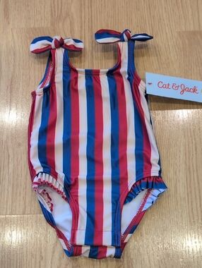 Cat & Jack Patriotic Red White Blue Striped Toddler One-Piece